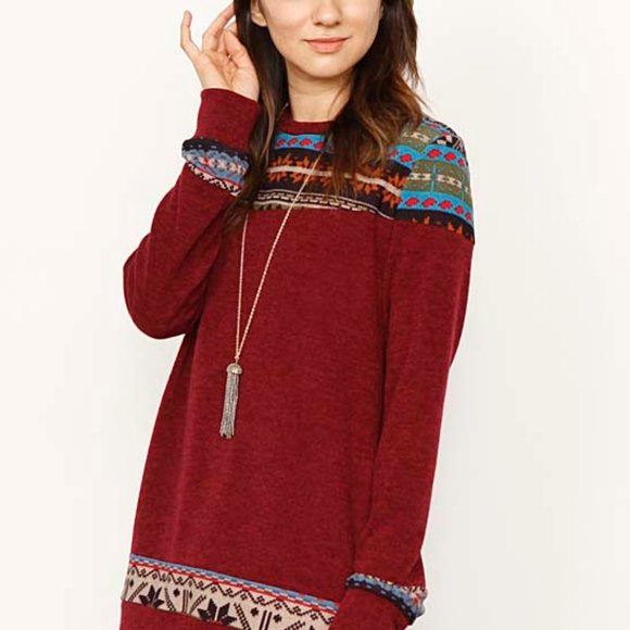 egs by éloges Burgundy Red Geometric Sweater Tunic - Picture 3 of 5